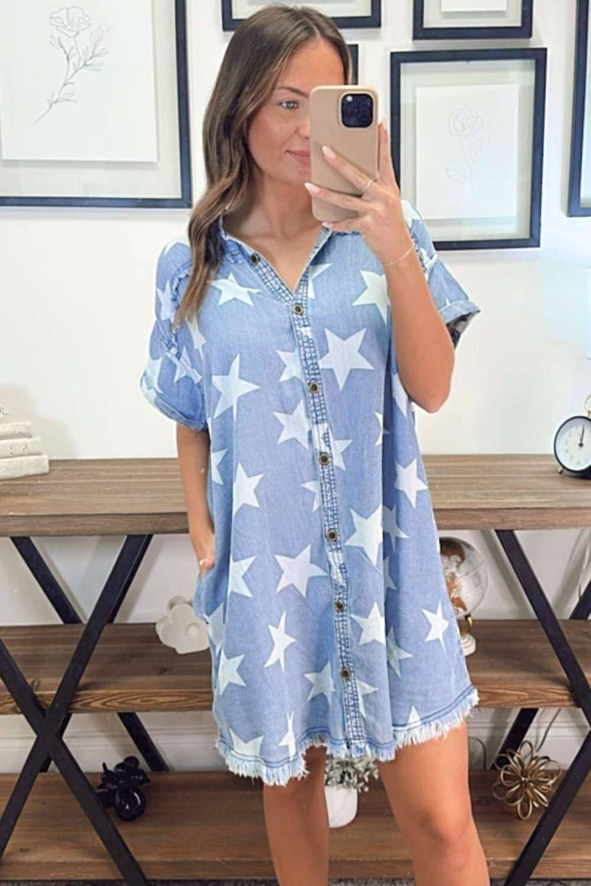 Sky Blue Stars Frayed Hem Collared Short Sleeve Denim Dress Sky Blue Stars Frayed Hem Collared Short Sleeve Denim Dress