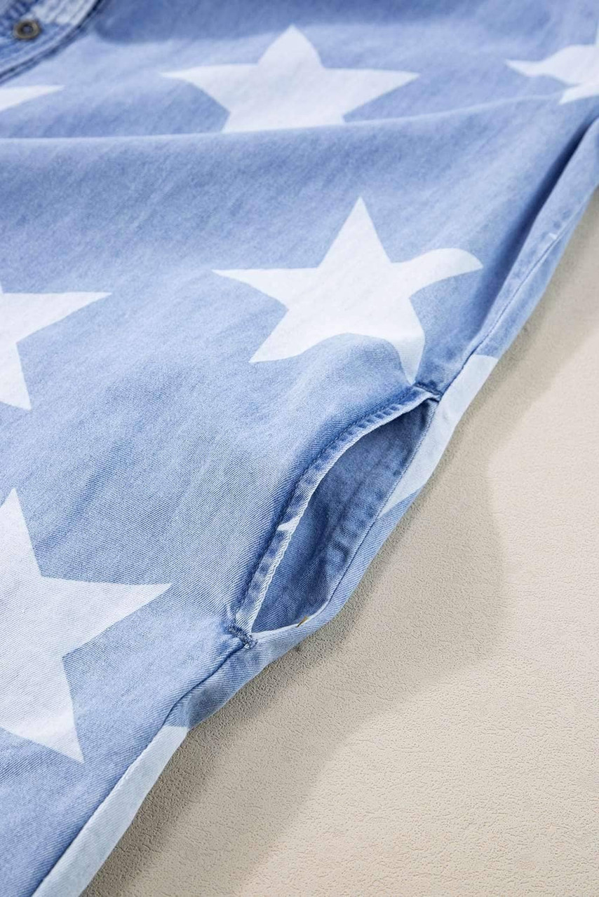 Sky Blue Stars Frayed Hem Collared Short Sleeve Denim Dress Sky Blue Stars Frayed Hem Collared Short Sleeve Denim Dress