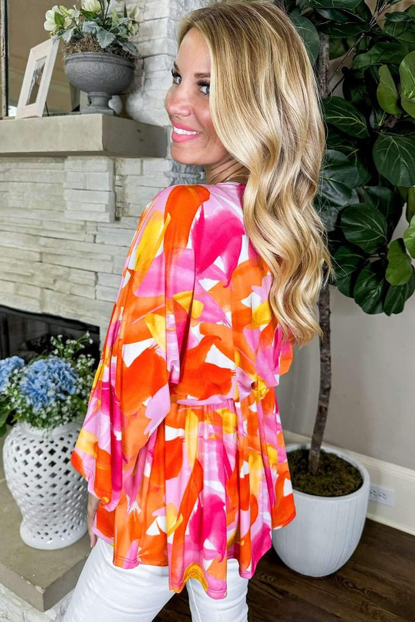 Orange Abstract Print 3/4 Sleeve V Neck Ruffled Babydoll Blouse Orange Abstract Print 3/4 Sleeve V Neck Ruffled Babydoll Blouse