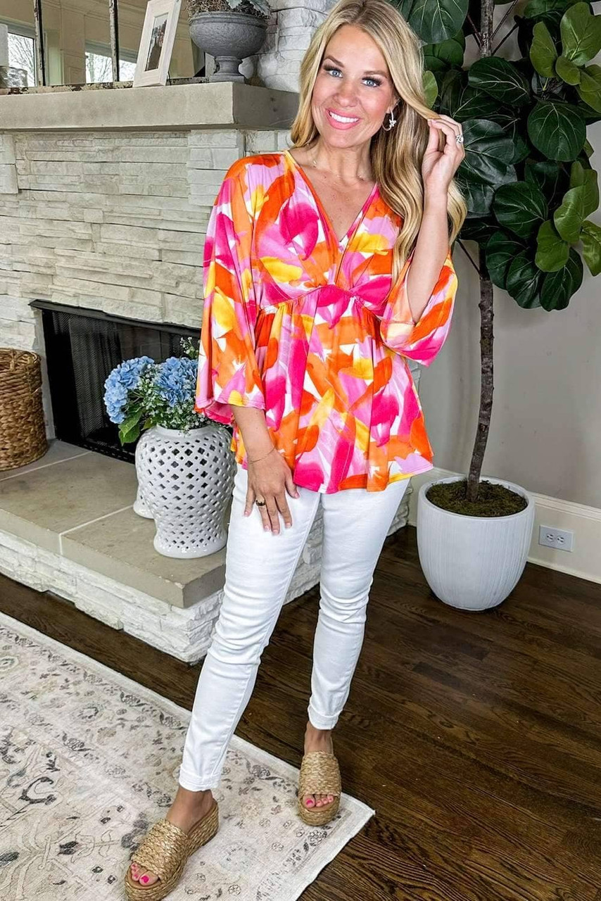 Orange Abstract Print 3/4 Sleeve V Neck Ruffled Babydoll Blouse Orange Abstract Print 3/4 Sleeve V Neck Ruffled Babydoll Blouse