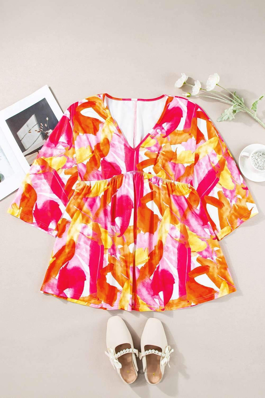 Orange Abstract Print 3/4 Sleeve V Neck Ruffled Babydoll Blouse Orange Abstract Print 3/4 Sleeve V Neck Ruffled Babydoll Blouse
