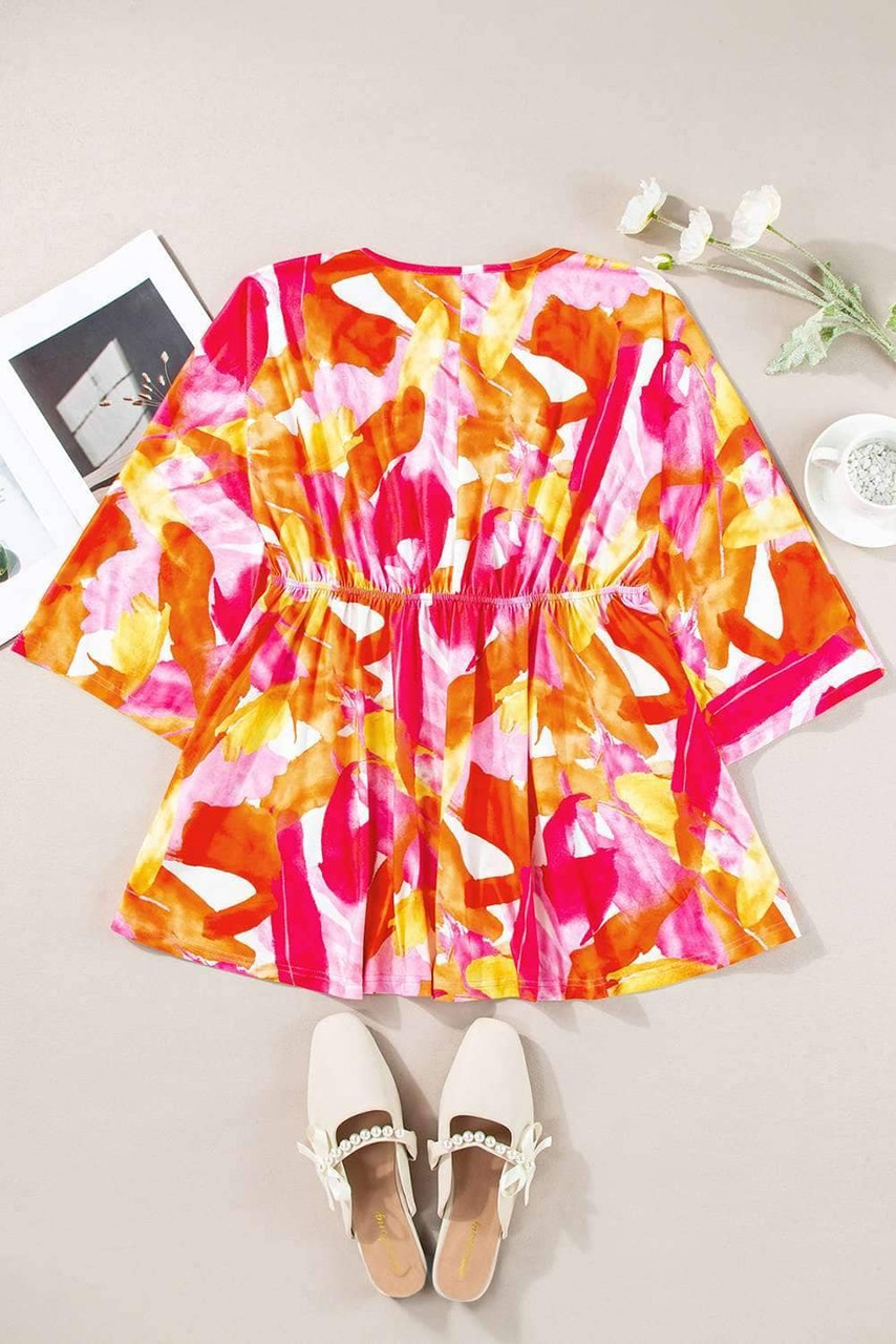 Orange Abstract Print 3/4 Sleeve V Neck Ruffled Babydoll Blouse Orange Abstract Print 3/4 Sleeve V Neck Ruffled Babydoll Blouse