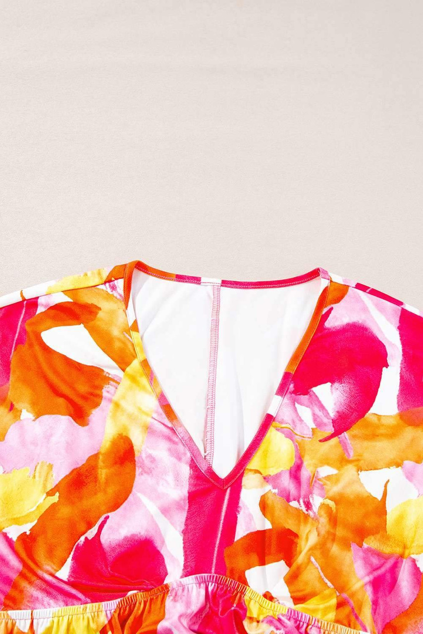 Orange Abstract Print 3/4 Sleeve V Neck Ruffled Babydoll Blouse Orange Abstract Print 3/4 Sleeve V Neck Ruffled Babydoll Blouse