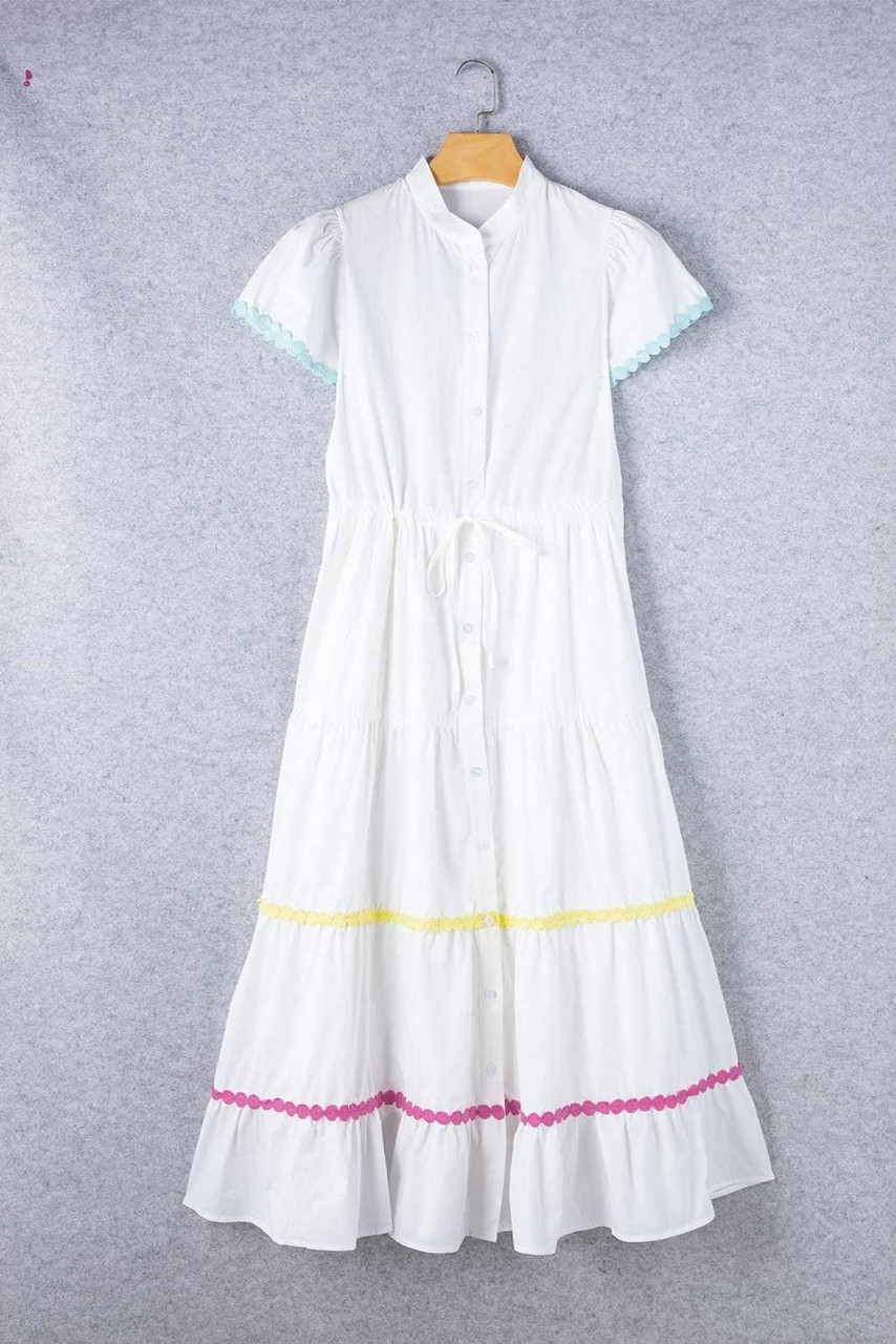 White Colorblock Rickrack Trim Short Sleeve Drawstring Waist Long Dress