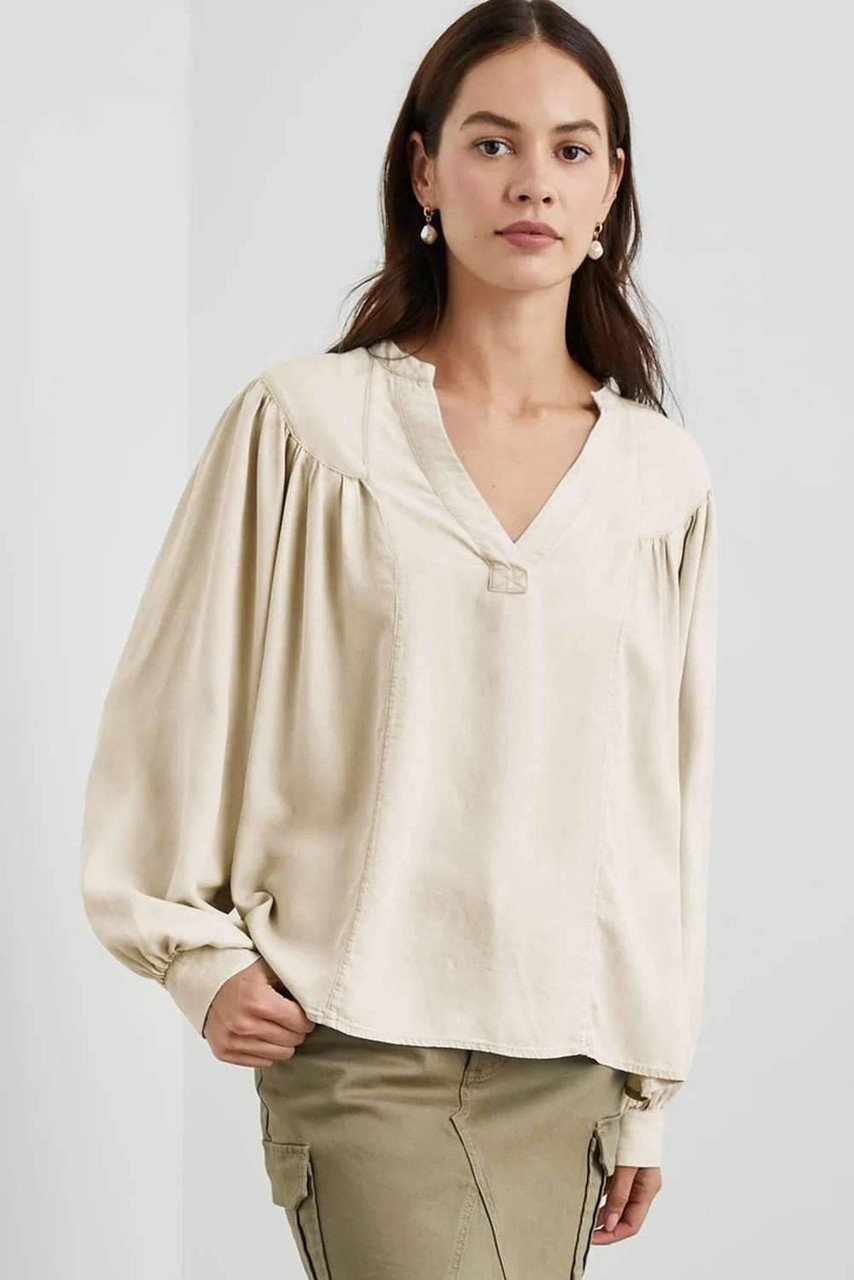 White Solid Color Lantern Sleeve Notched V Neck Blouse
