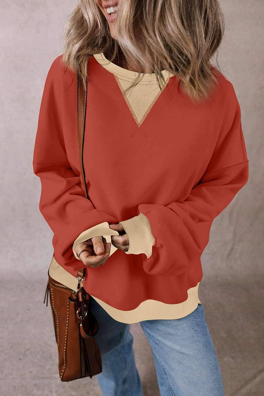 Red Clay Color Block Patch Drop Shoulder Oversized Sweatshirt Red Clay Color Block Patch Drop Shoulder Oversized Sweatshirt