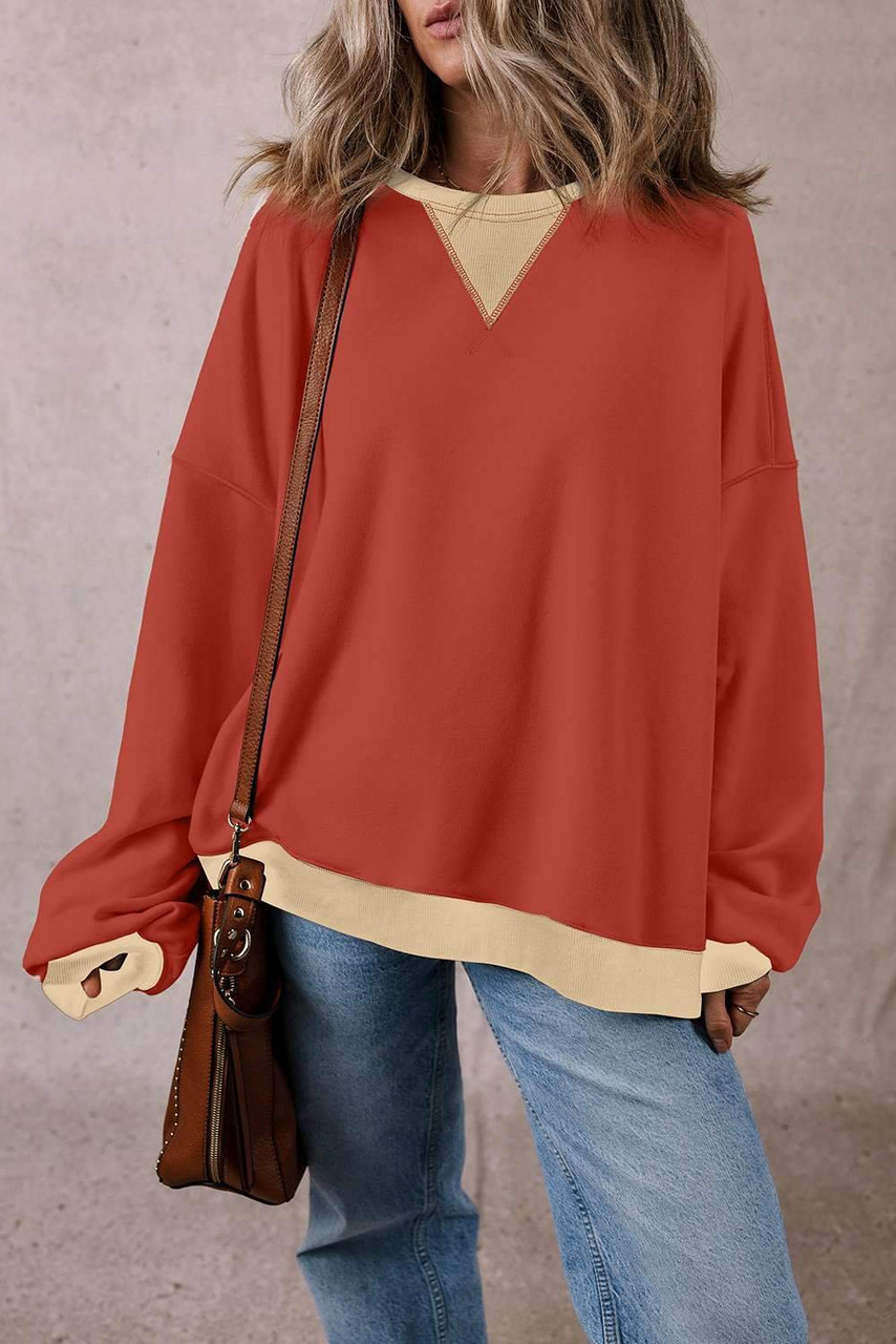 Red Clay Color Block Patch Drop Shoulder Oversized Sweatshirt Red Clay Color Block Patch Drop Shoulder Oversized Sweatshirt