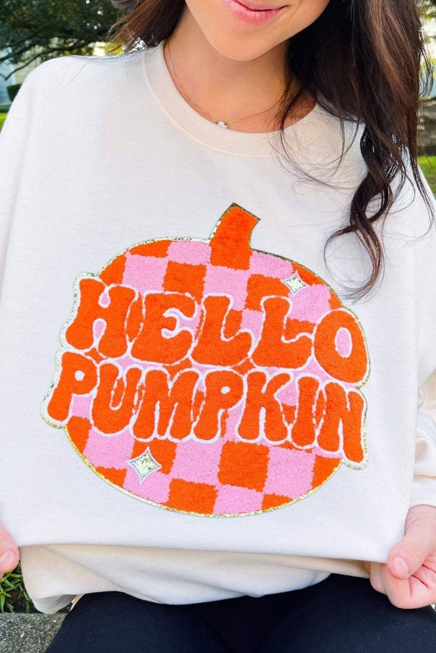 White Terry Halloween Pumpkin Patched Pattern Pullover Sweatshirt White Terry Halloween Pumpkin Patched Pattern Pullover Sweatshirt