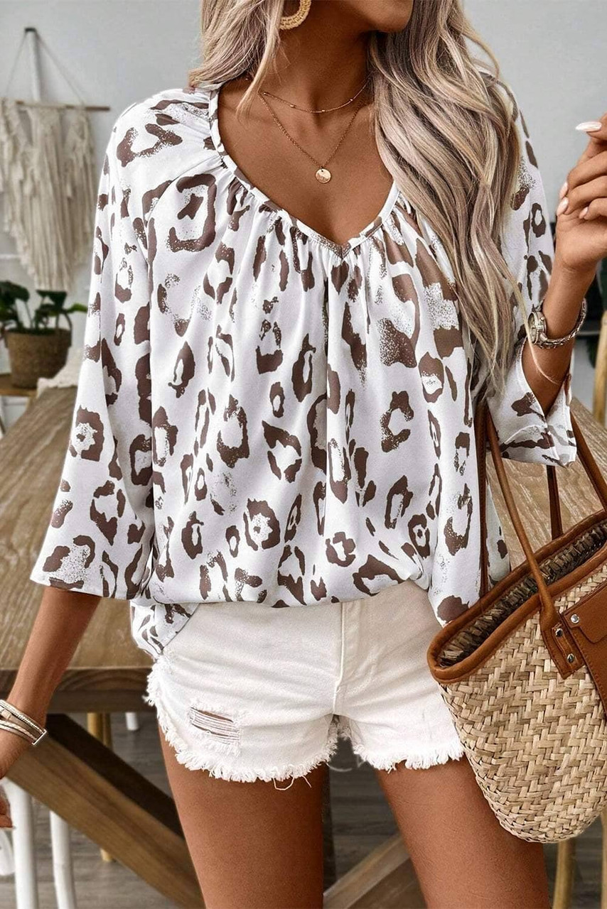 Khaki Leopard Print Ruched V Neck 3/4 Sleeve Blouse Khaki Leopard Print Ruched V Neck 3/4 Sleeve Blouse