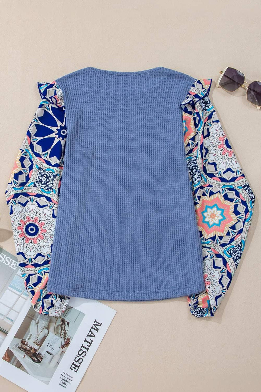 Ashleigh Blue Ruffled Floral Sleeve Patchwork Waffle Knit O Neck Blouse Ashleigh Blue Ruffled Floral Sleeve Patchwork Waffle Knit O Neck Blouse