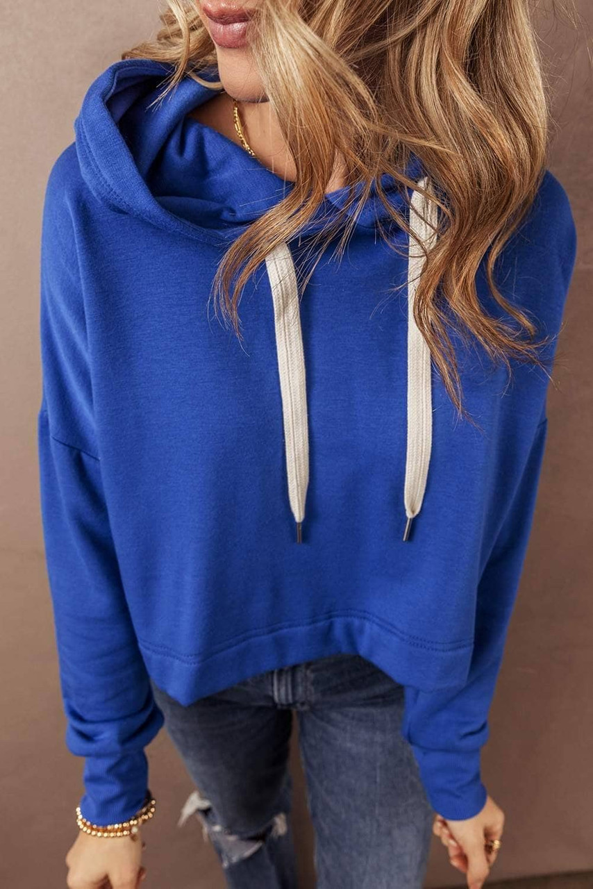 Dark Blue Solid Drop Shoulder Drawstring Cropped Hoodie Dark Blue Solid Drop Shoulder Drawstring Cropped Hoodie