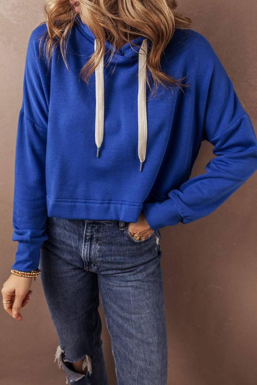 Dark Blue Solid Drop Shoulder Drawstring Cropped Hoodie Dark Blue Solid Drop Shoulder Drawstring Cropped Hoodie