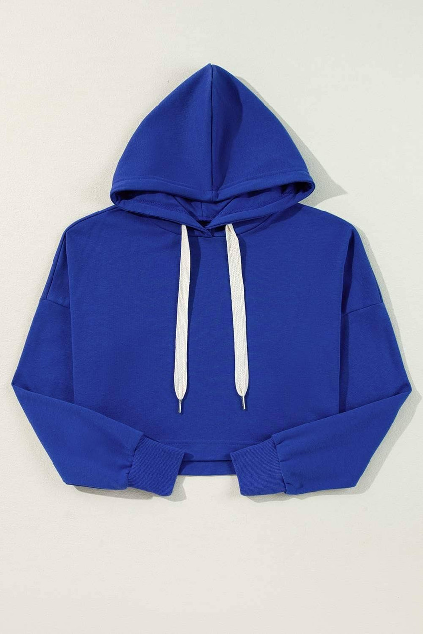 Dark Blue Solid Drop Shoulder Drawstring Cropped Hoodie Dark Blue Solid Drop Shoulder Drawstring Cropped Hoodie