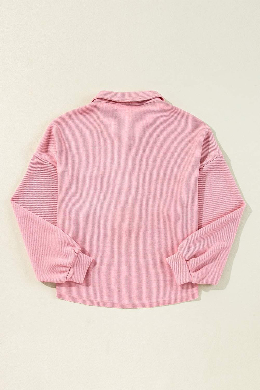Pink Ribbed Knit Collared Henley Top with Chest Pocket