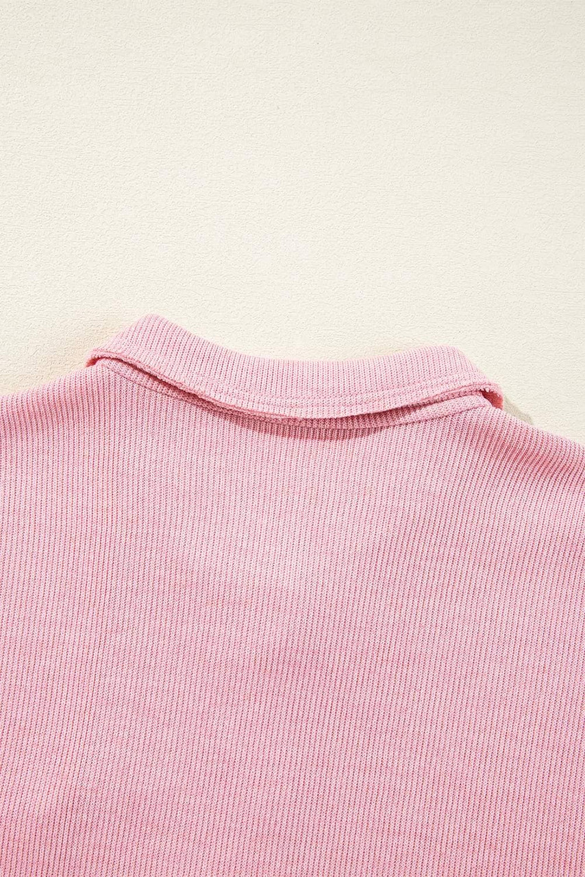 Pink Ribbed Knit Collared Henley Top with Chest Pocket