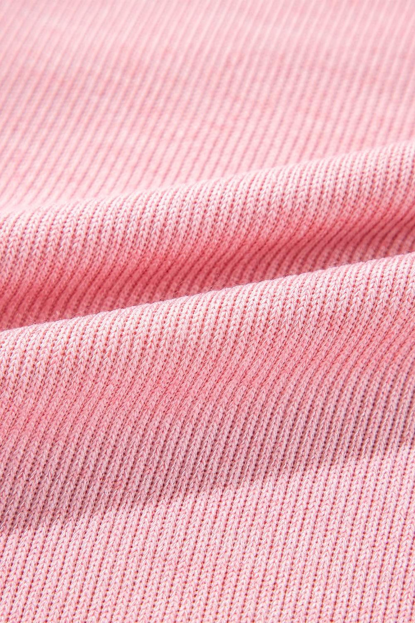 Pink Ribbed Knit Collared Henley Top with Chest Pocket