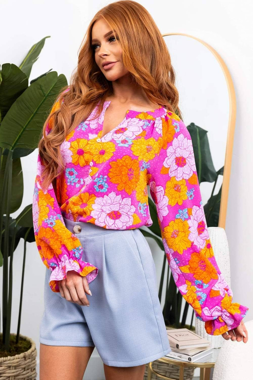 Rose Floral Print Flounce Sleeve Notched Neck Blouse Rose Floral Print Flounce Sleeve Notched Neck Blouse