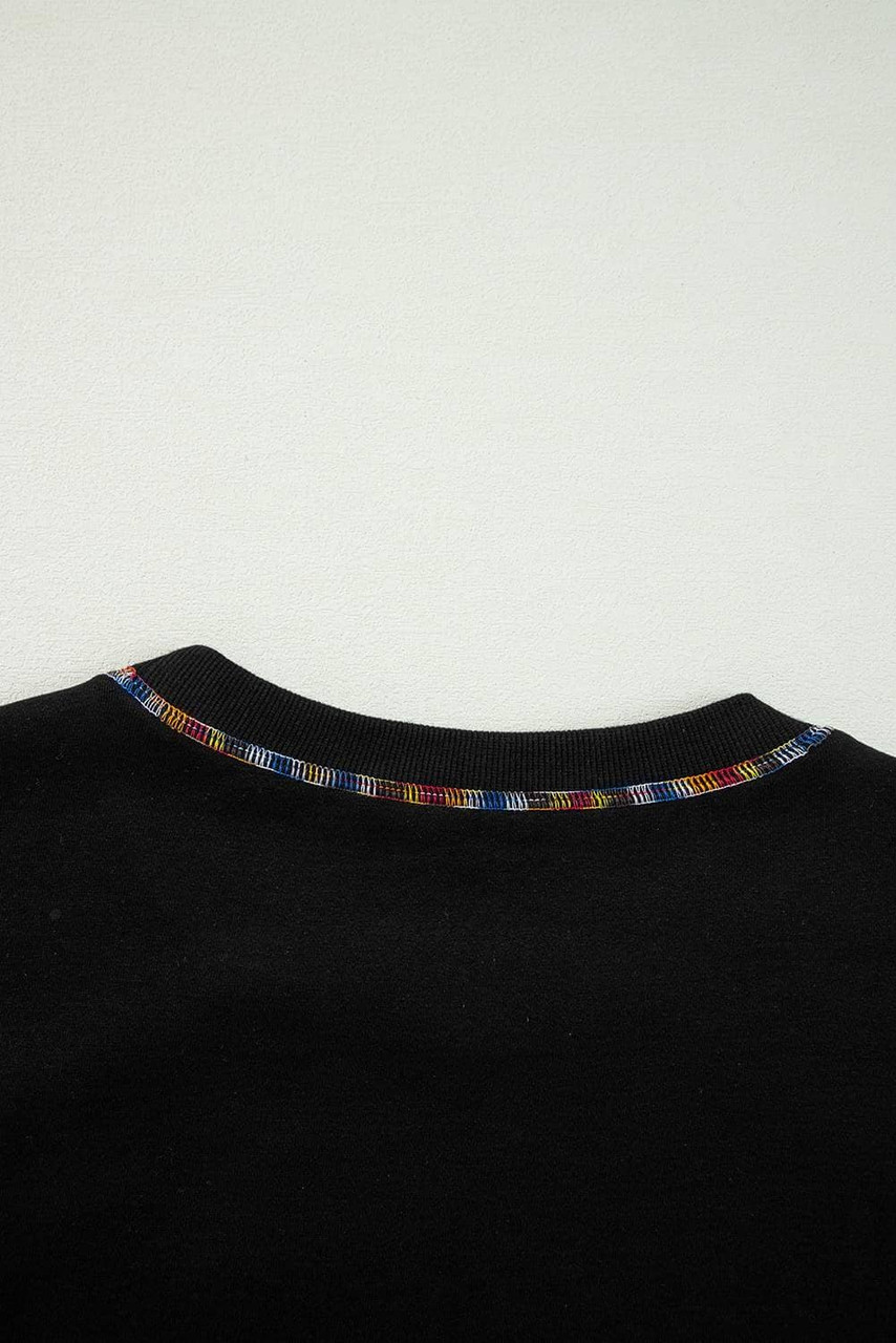 Black Contrast Rainbow Trim Drop Shoulder Pullover Sweatshirt Black Contrast Rainbow Trim Drop Shoulder Pullover Sweatshirt