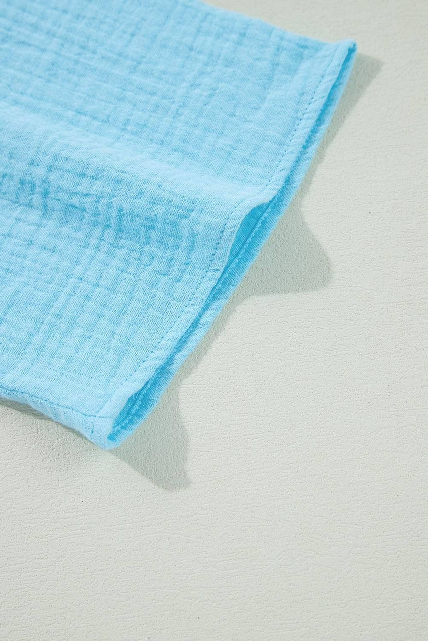 Aruba Blue Crinkled Bracelet Sleeve Flowy Blouse