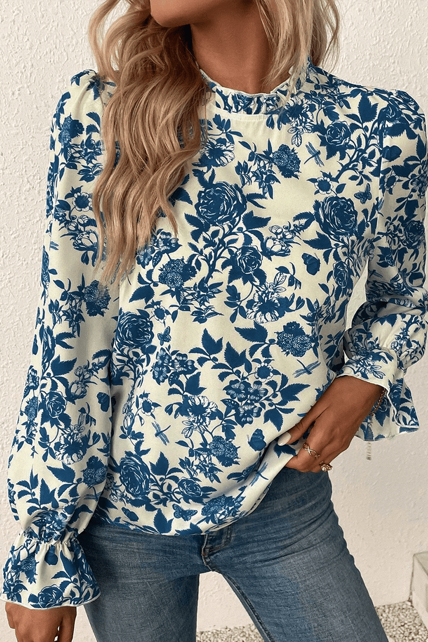 Sky Blue Floral Print Flounce Sleeve Keyhole Back Blouse Sky Blue Floral Print Flounce Sleeve Keyhole Back Blouse