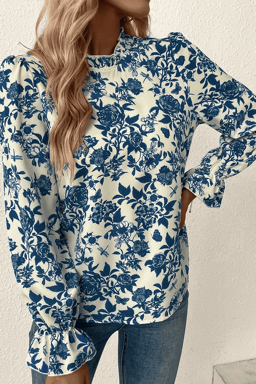 Sky Blue Floral Print Flounce Sleeve Keyhole Back Blouse Sky Blue Floral Print Flounce Sleeve Keyhole Back Blouse