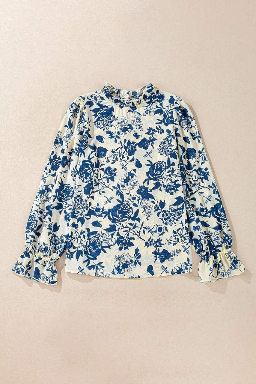 Sky Blue Floral Print Flounce Sleeve Keyhole Back Blouse Sky Blue Floral Print Flounce Sleeve Keyhole Back Blouse