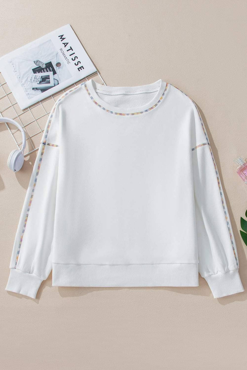 White Contrast Rainbow Trim Drop Shoulder Pullover Sweatshirt White Contrast Rainbow Trim Drop Shoulder Pullover Sweatshirt