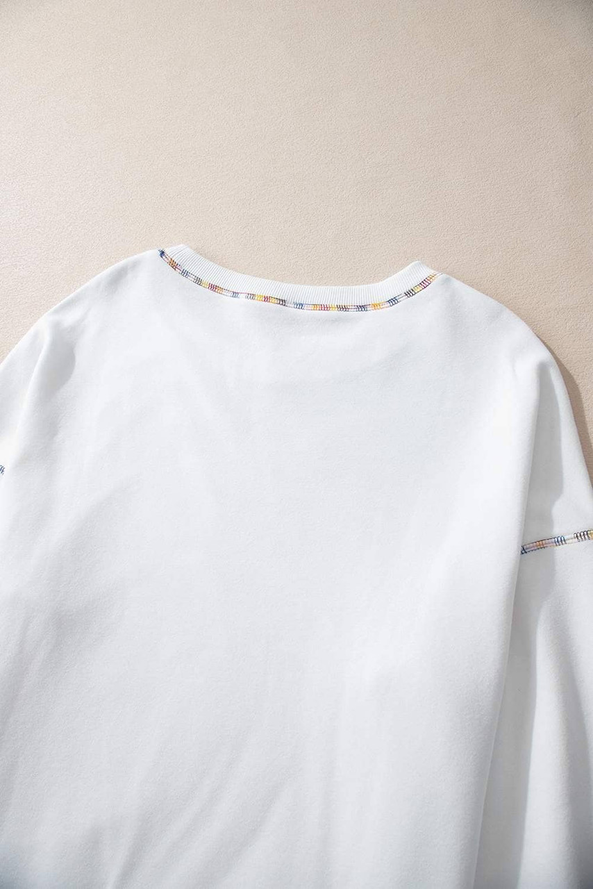 White Contrast Rainbow Trim Drop Shoulder Pullover Sweatshirt White Contrast Rainbow Trim Drop Shoulder Pullover Sweatshirt