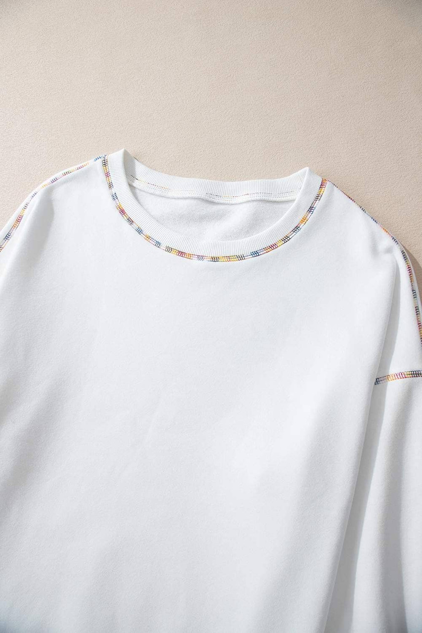 White Contrast Rainbow Trim Drop Shoulder Pullover Sweatshirt White Contrast Rainbow Trim Drop Shoulder Pullover Sweatshirt