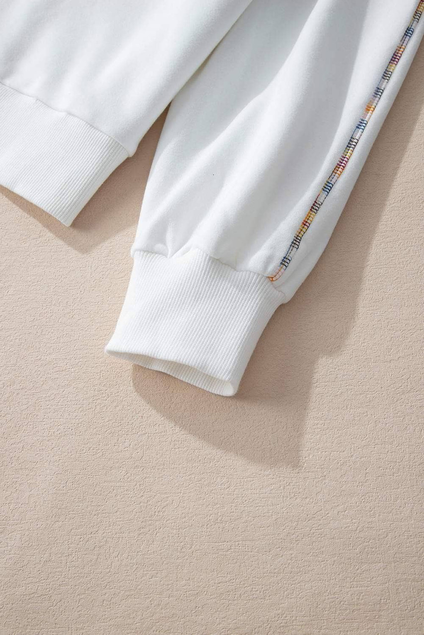 White Contrast Rainbow Trim Drop Shoulder Pullover Sweatshirt White Contrast Rainbow Trim Drop Shoulder Pullover Sweatshirt