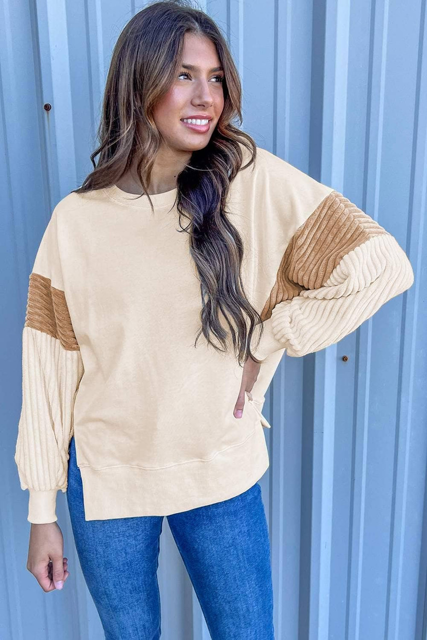 Apricot Corduroy Patchwork Drop Shoulder Long Sleeve Sweatshirt Apricot Corduroy Patchwork Drop Shoulder Long Sleeve Sweatshirt