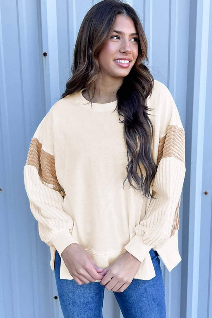 Apricot Corduroy Patchwork Drop Shoulder Long Sleeve Sweatshirt Apricot Corduroy Patchwork Drop Shoulder Long Sleeve Sweatshirt