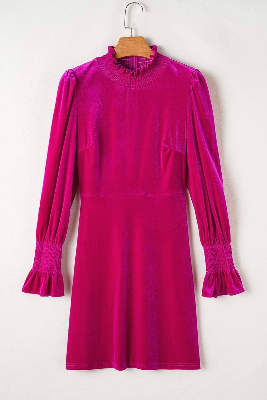 Rose Red Smocked Mock Neck Ruffled Puff Sleeve Velvet Mini Dress
