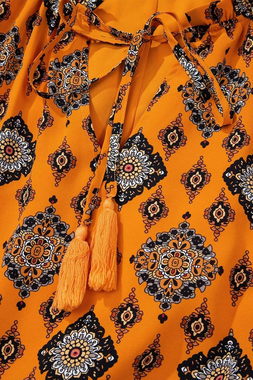 Orange Western Geometric Print Tiered Frilled Loose Fit Midi Dress