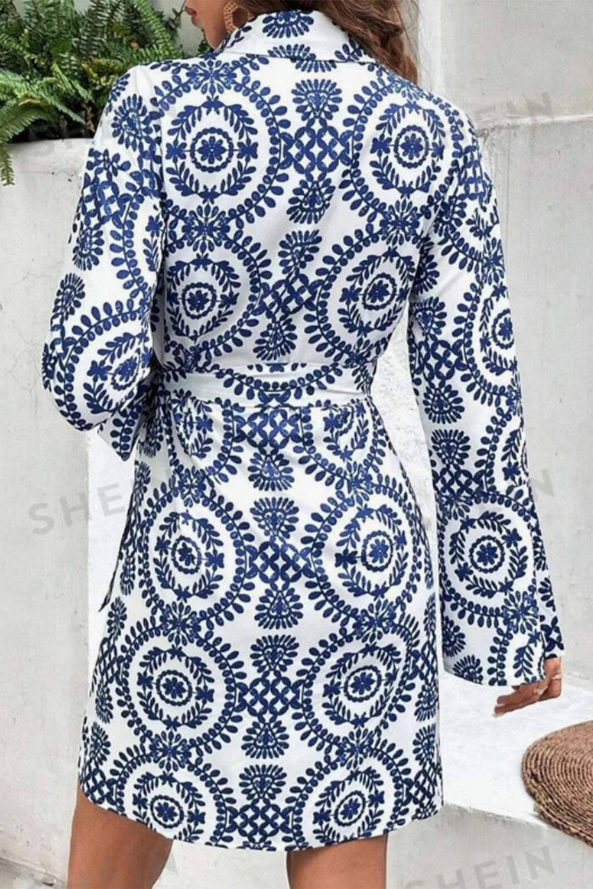 Blue Floral Print V Neck Wrapped Knot Long Sleeve Dress Blue Floral Print V Neck Wrapped Knot Long Sleeve Dress