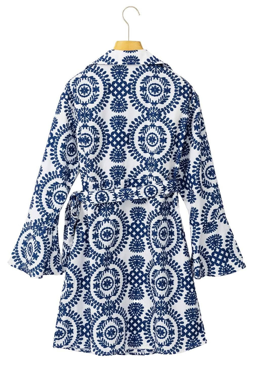 Blue Floral Print V Neck Wrapped Knot Long Sleeve Dress Blue Floral Print V Neck Wrapped Knot Long Sleeve Dress