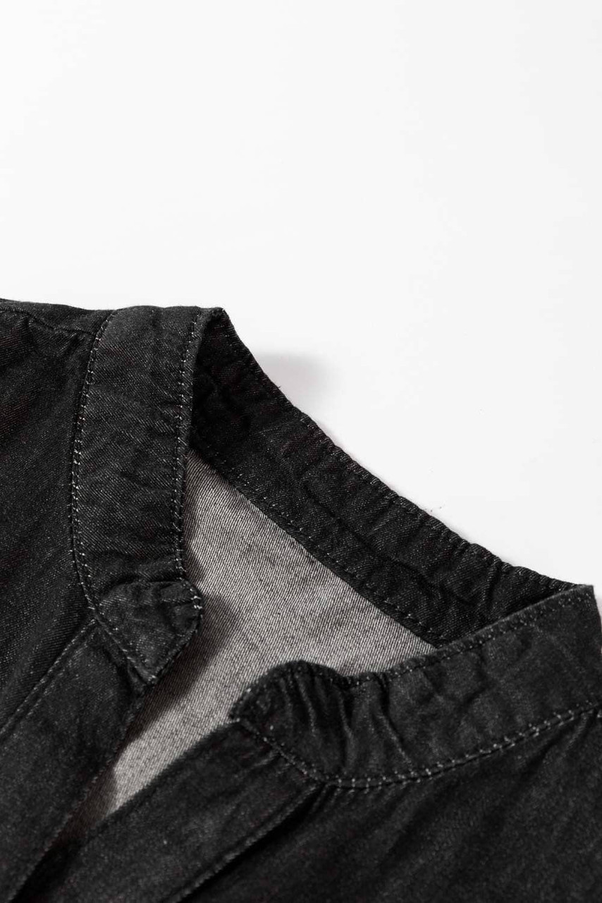 Black Chambray Ruffled 3/4 Sleeve Tiered Split V Neck Mini Dress