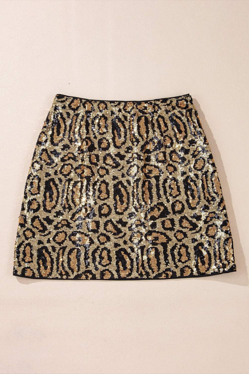 Brown Sequined Leopard Print Disco Mini Skirt