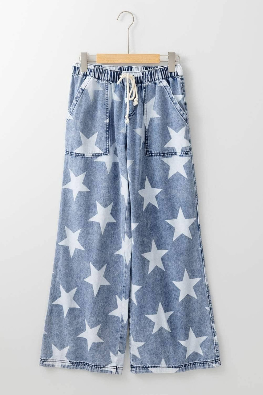 Light Blue Star Print Light Wash Drawstring High Waist Wide Leg Jeans