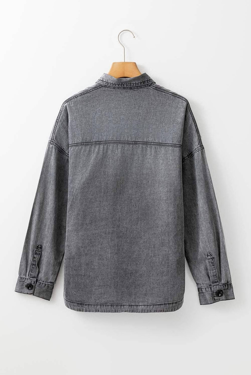 Medium Grey Mineral Wash Patched Pocket Split Denim Jacket Medium Grey Mineral Wash Patched Pocket Split Denim Jacket