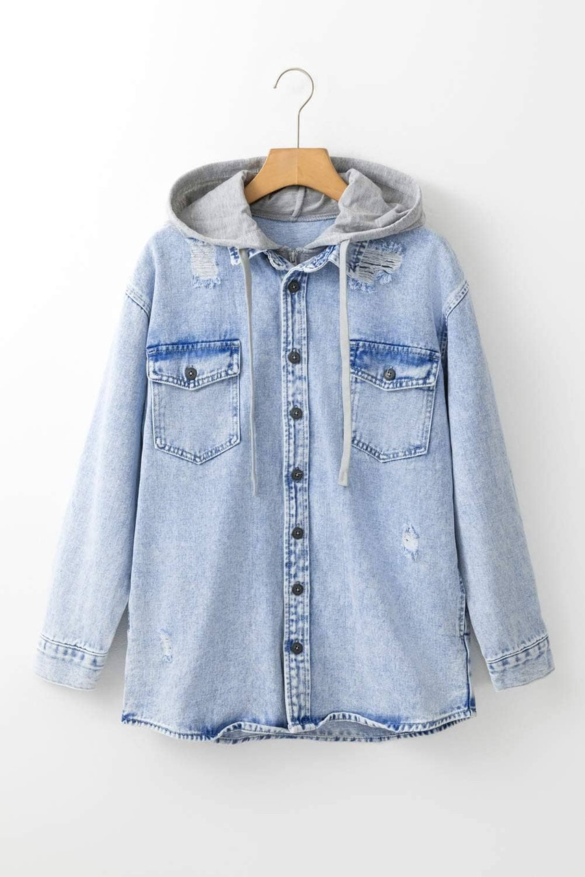 Mist Blue Oversized Contrast Hooded Denim Jacket