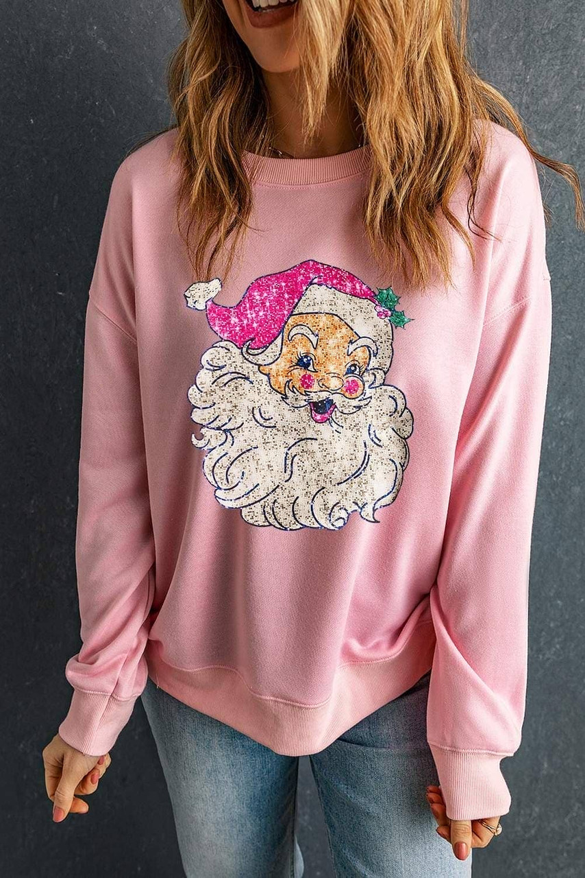 Pink Bold Christmas Claus Graphic Drop Shoulder Sweatshirt Pink Bold Christmas Claus Graphic Drop Shoulder Sweatshirt