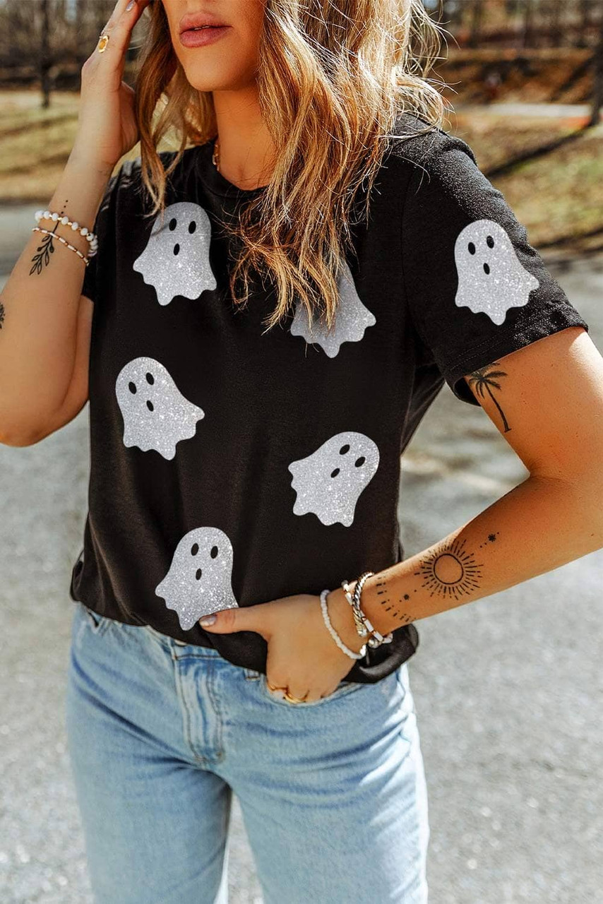 Black Glitter Ghost Pattern Crew Neck Halloween T Shirt Black Glitter Ghost Pattern Crew Neck Halloween T Shirt