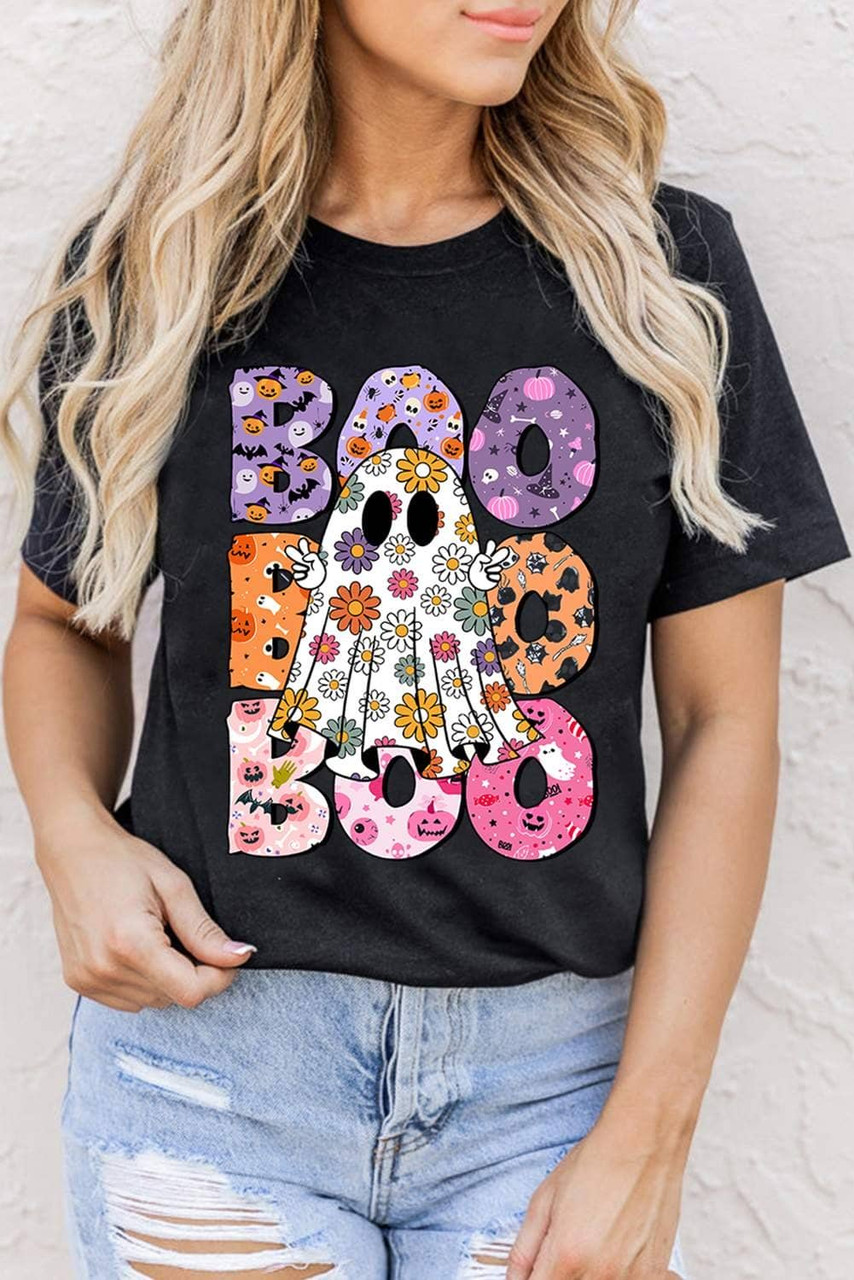 Black BOO Floral Ghost Print Crew Neck Halloween T Shirt Black BOO Floral Ghost Print Crew Neck Halloween T Shirt