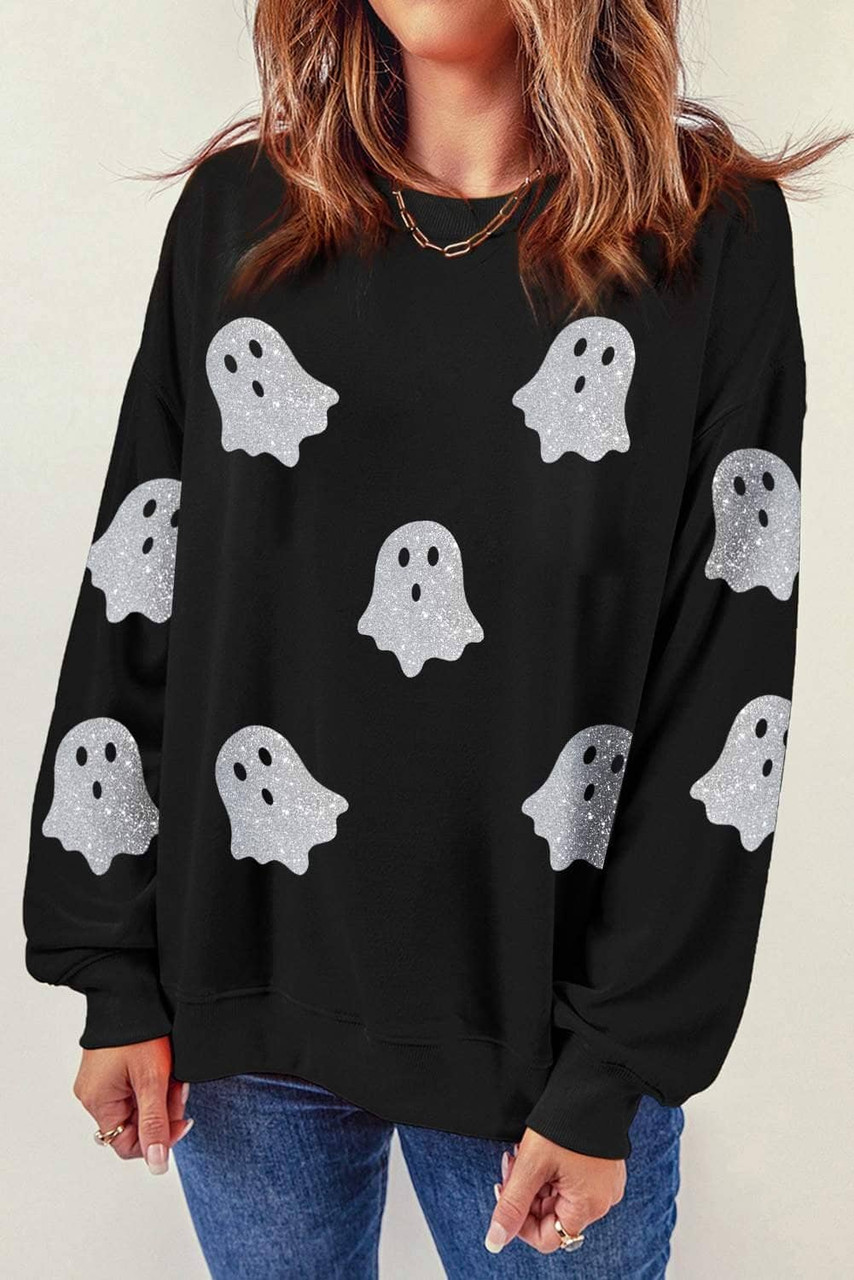 Black Glitter Ghost Pattern Crew Neck Halloween Sweatshirt Black Glitter Ghost Pattern Crew Neck Halloween Sweatshirt
