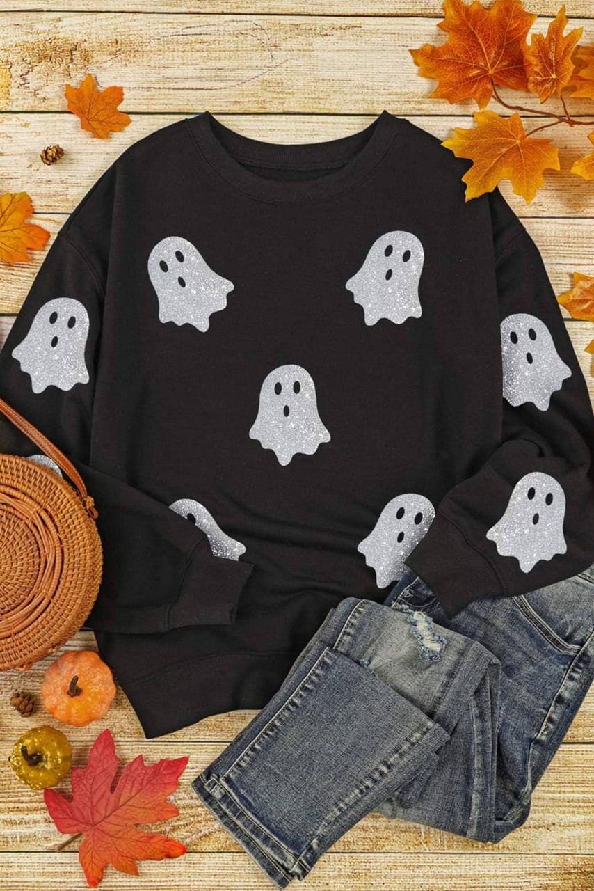 Black Glitter Ghost Pattern Crew Neck Halloween Sweatshirt Black Glitter Ghost Pattern Crew Neck Halloween Sweatshirt