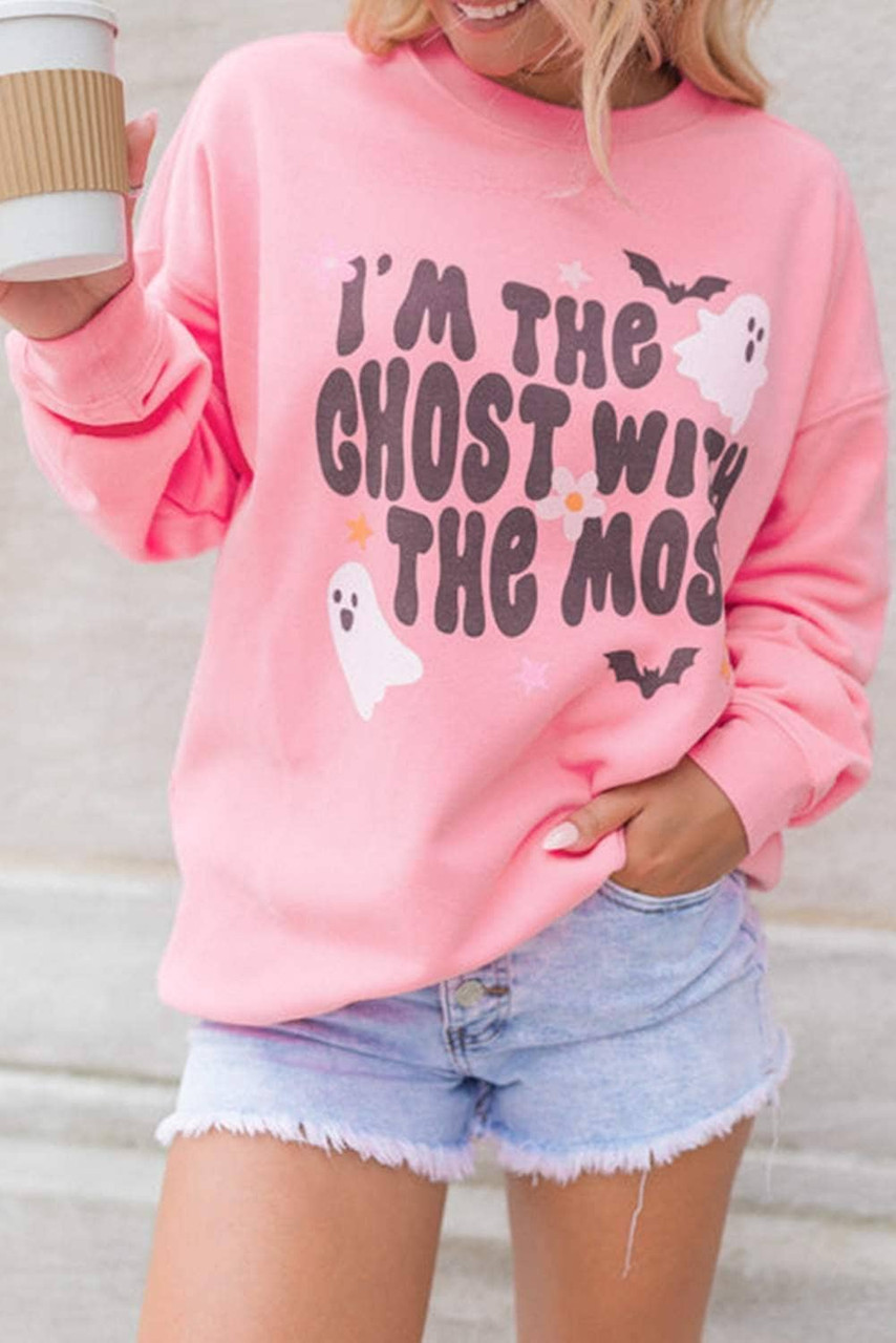 Pink Halloween Slogan Ghost Bat Graphic Drop Shoulder Sweatshirt Pink Halloween Slogan Ghost Bat Graphic Drop Shoulder Sweatshirt