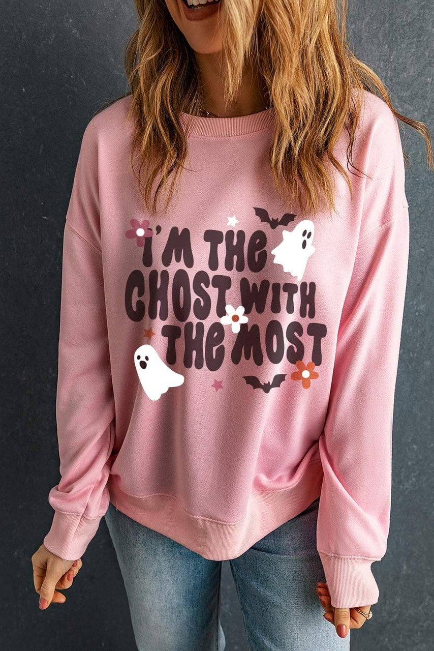 Pink Halloween Slogan Ghost Bat Graphic Drop Shoulder Sweatshirt Pink Halloween Slogan Ghost Bat Graphic Drop Shoulder Sweatshirt