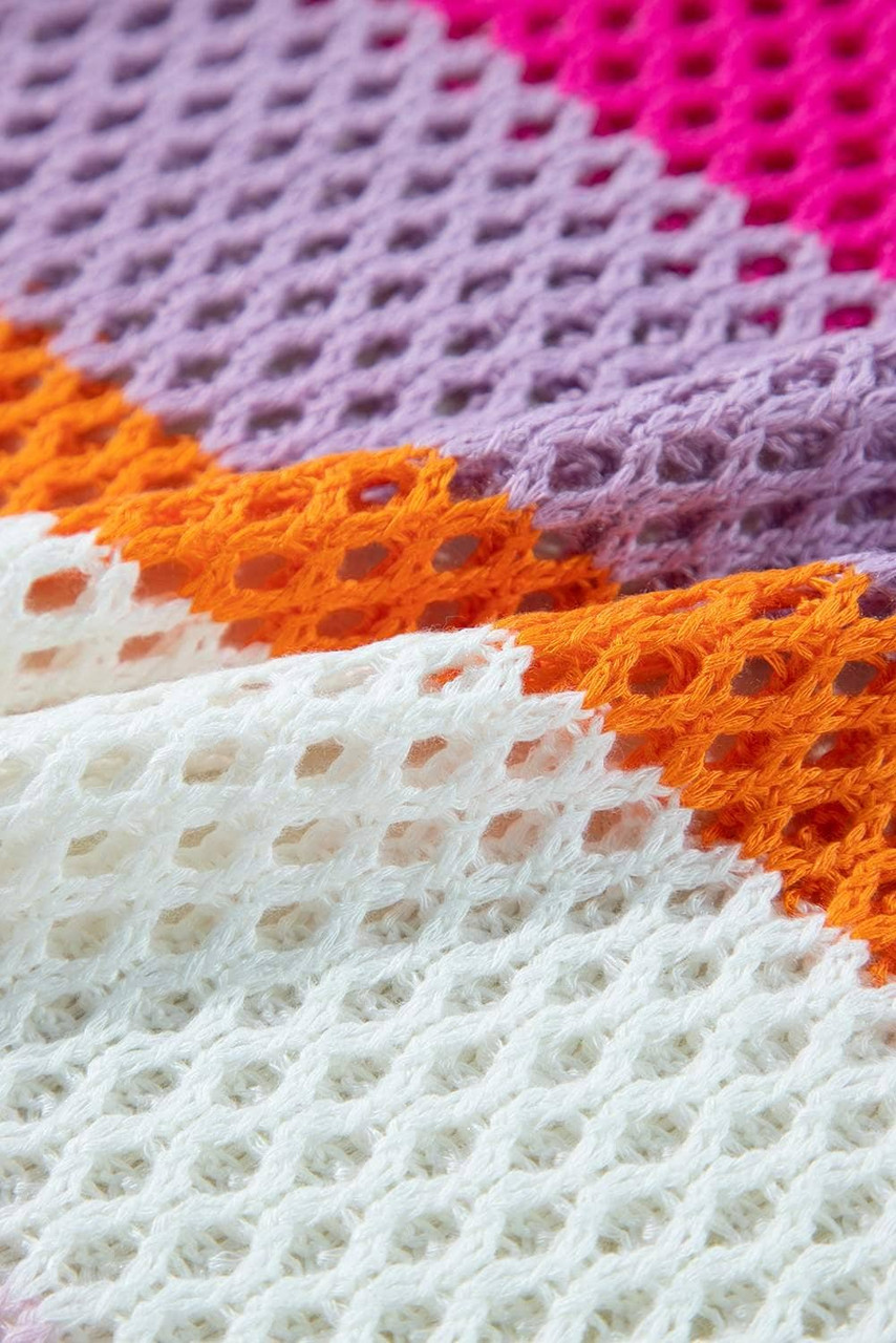 Rose Red Colorblock Patchwork Knit Crochet Eyelet Sweater Rose Red Colorblock Patchwork Knit Crochet Eyelet Sweater