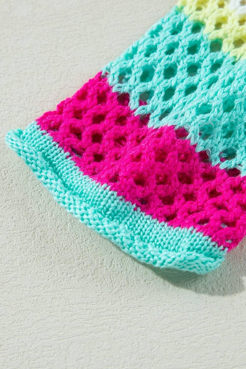 Rose Red Colorblock Patchwork Knit Crochet Eyelet Sweater Rose Red Colorblock Patchwork Knit Crochet Eyelet Sweater